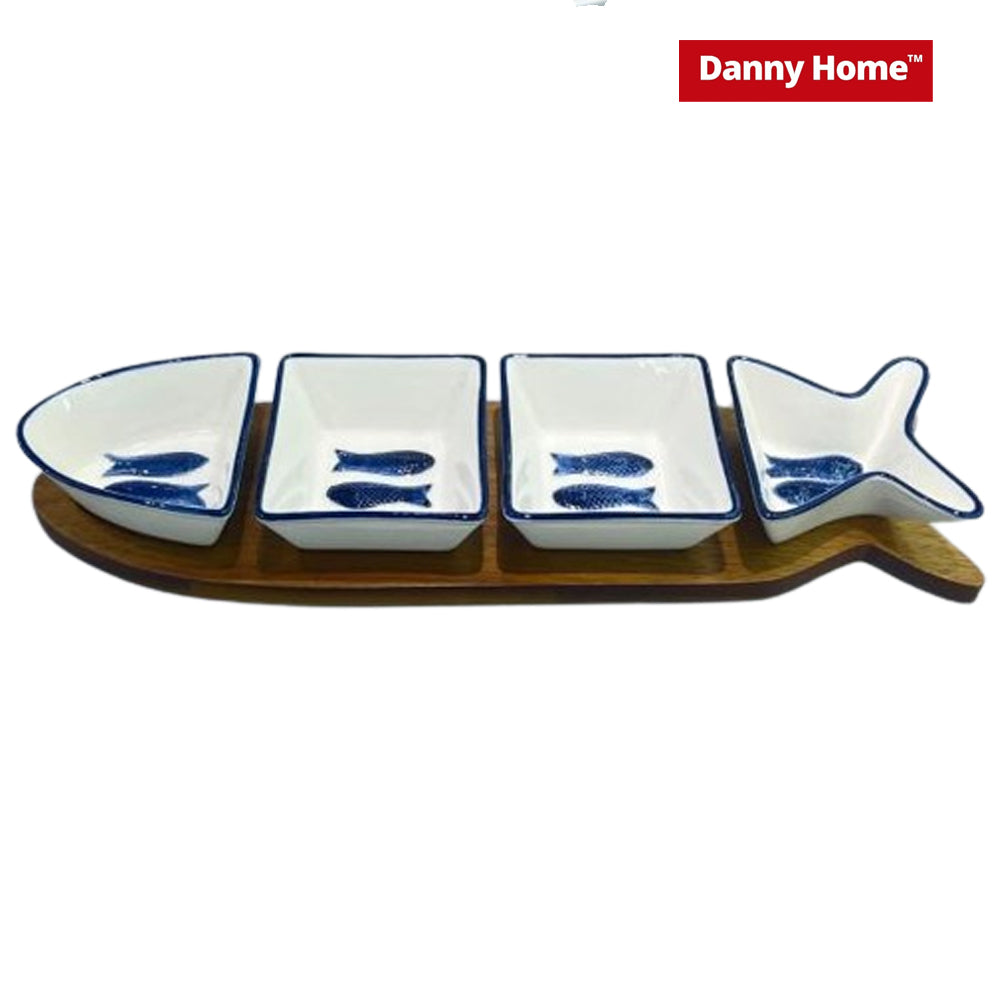Danny Home Ceramic Snack Seasoning Bowl Holder on Acacia Board – 26cm