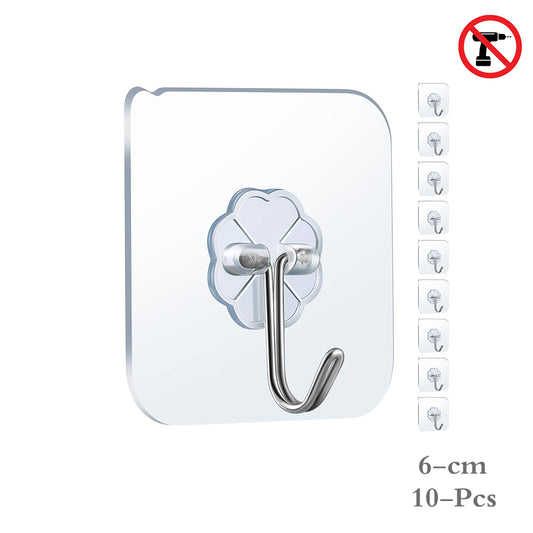 10-Pcs Heavy Duty Waterproof Transparent Adhesive Stainless-Steel Hooks 6cm (Load Up to 2-3 Kg)