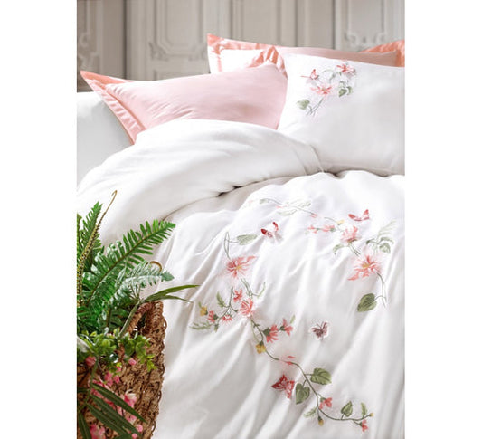 3D Embroidered Satin Cotton Double Duvet Cover Set Luna Powder