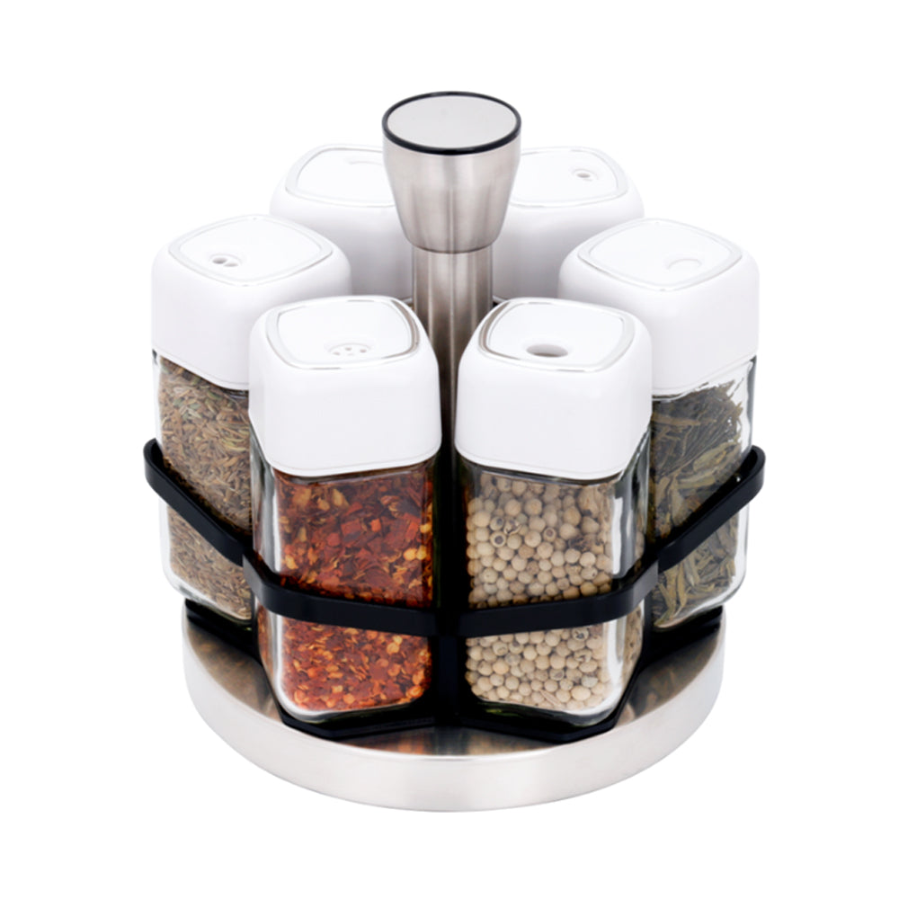6-Pieces Rotating Glass Spices Jar Set High Quality Plastic Lid-White 110ml