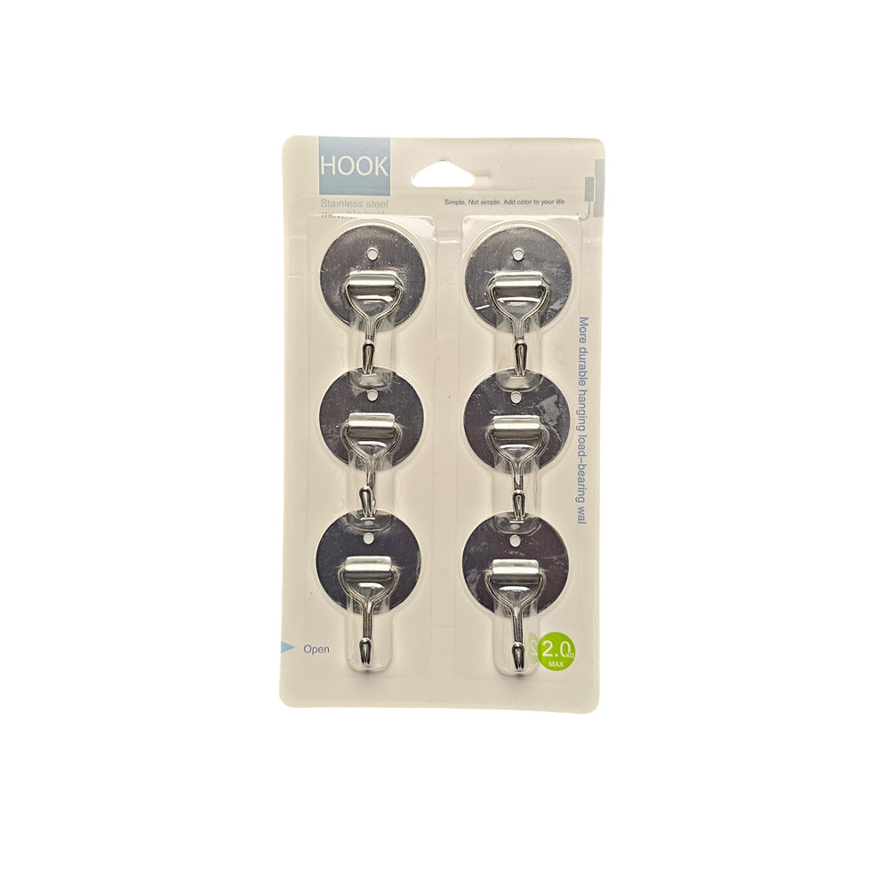 6-Pieces No Drill Round Heavy Duty Stainless Steel Self Adhesive Hooks 1010-1