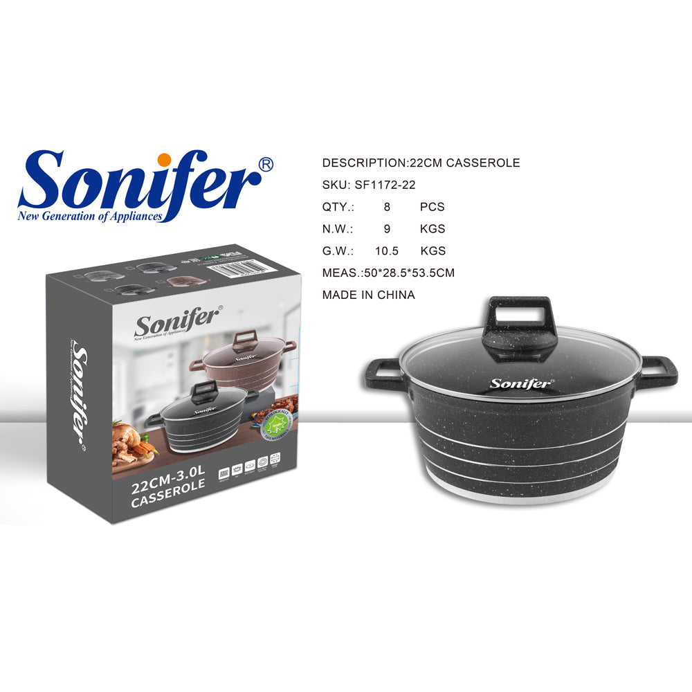 Sonifer 20/22/24/26/28/30/32/36cm Wear-Resistant Non-Stick Granite Casserole with Glass Lid SF-1172-Black