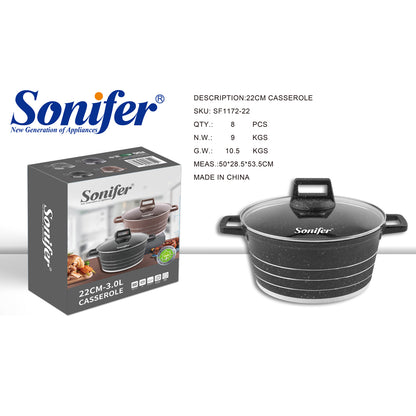 Sonifer 20/22/24/26/28/30/32/36cm Wear-Resistant Non-Stick Granite Casserole with Glass Lid SF-1172-Black