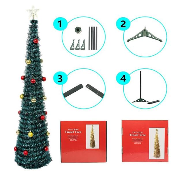 Pop Up 150cm Tinsel Trees Easy-Assembly for Home Christmas Decoration