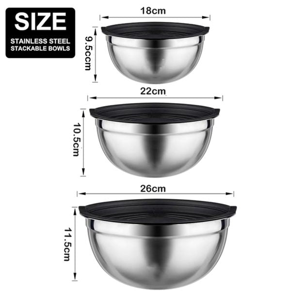 3-Pieces Stainless Steel Salad Bowl with Lid Set