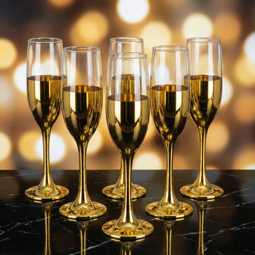 6-Pcs Elegant & Smooth Beverages Champagne Flute Glass – Gold 190ml #3769-1