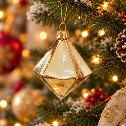 Geometric Glass Diamond Christmas Hanging Ornament – Glossy Gold & Silver