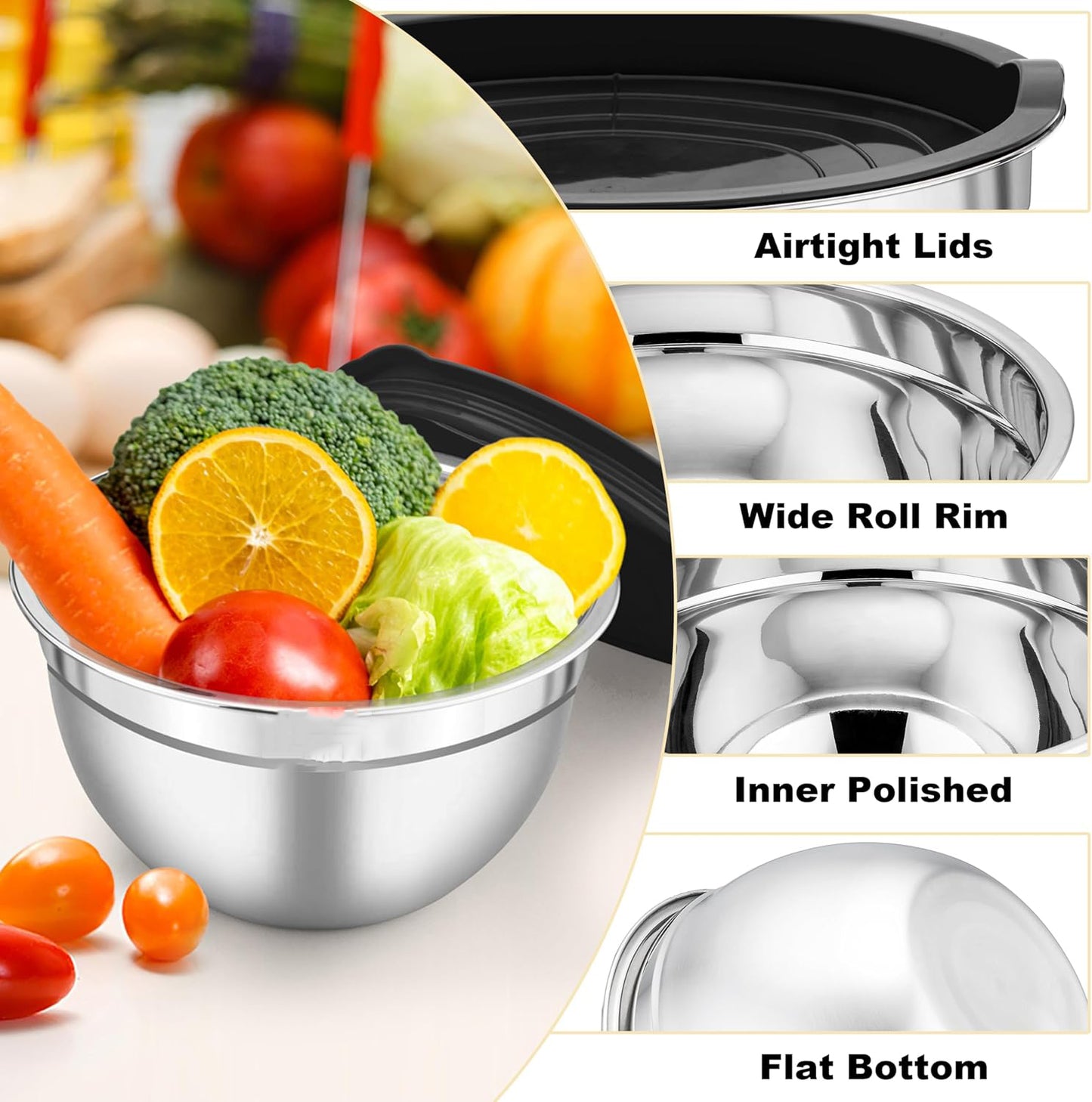3-Pieces Stainless Steel Salad Bowl with Lid 18/22/26 cm Set