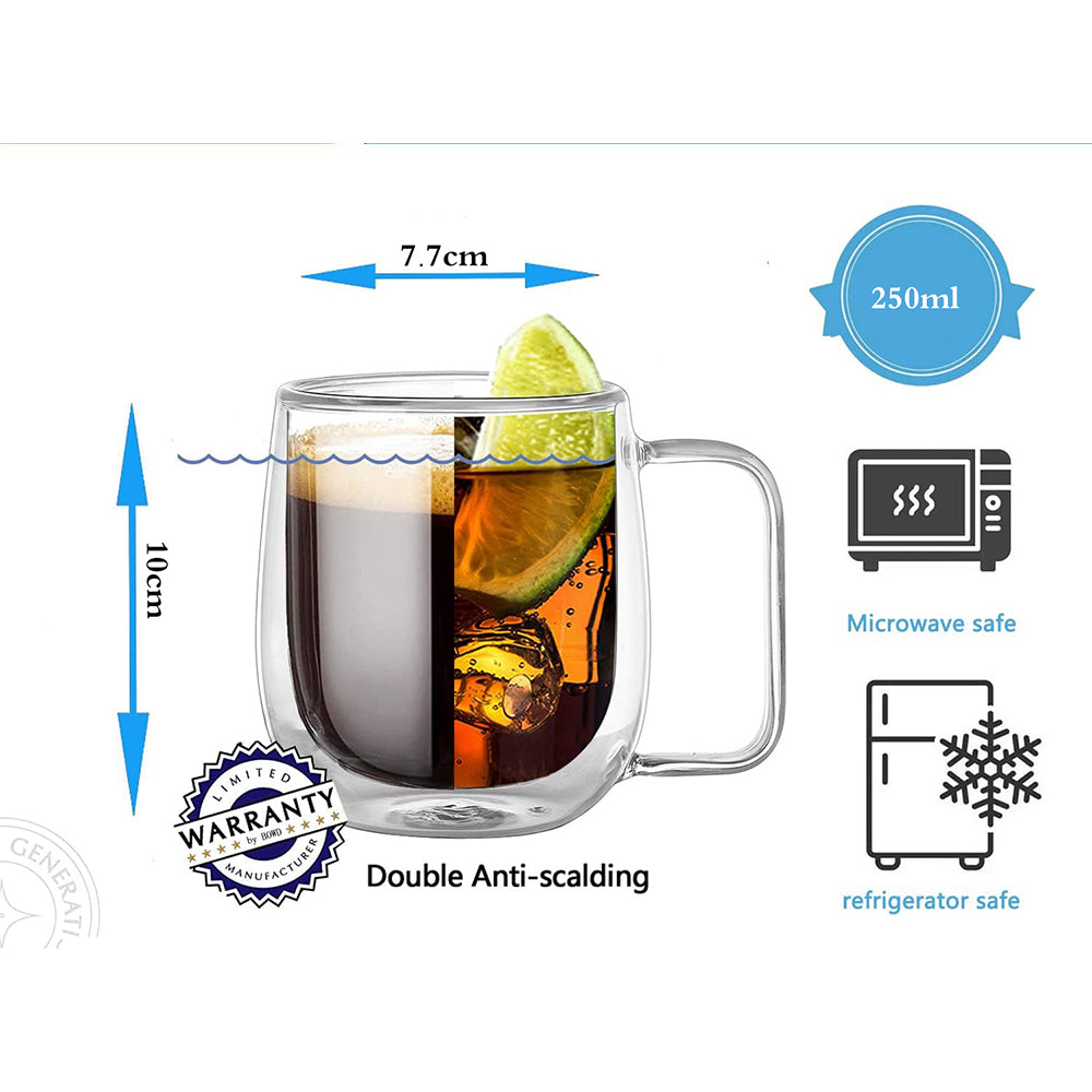 250ml  2-Pcs Danny Home Double Walled Glass Mug with Handle Set