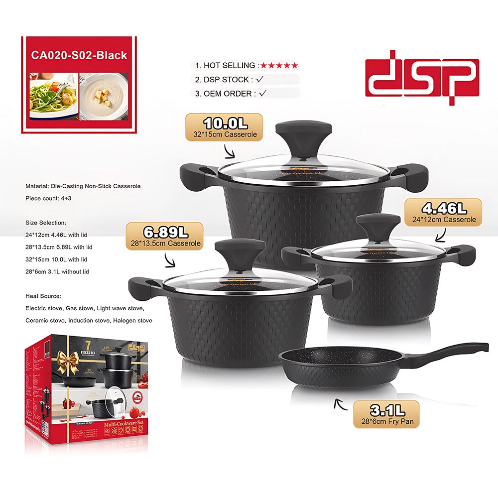 DSP CA020-S02-Black, 7-Piece Die-Cast Non-Stick Cookware Set