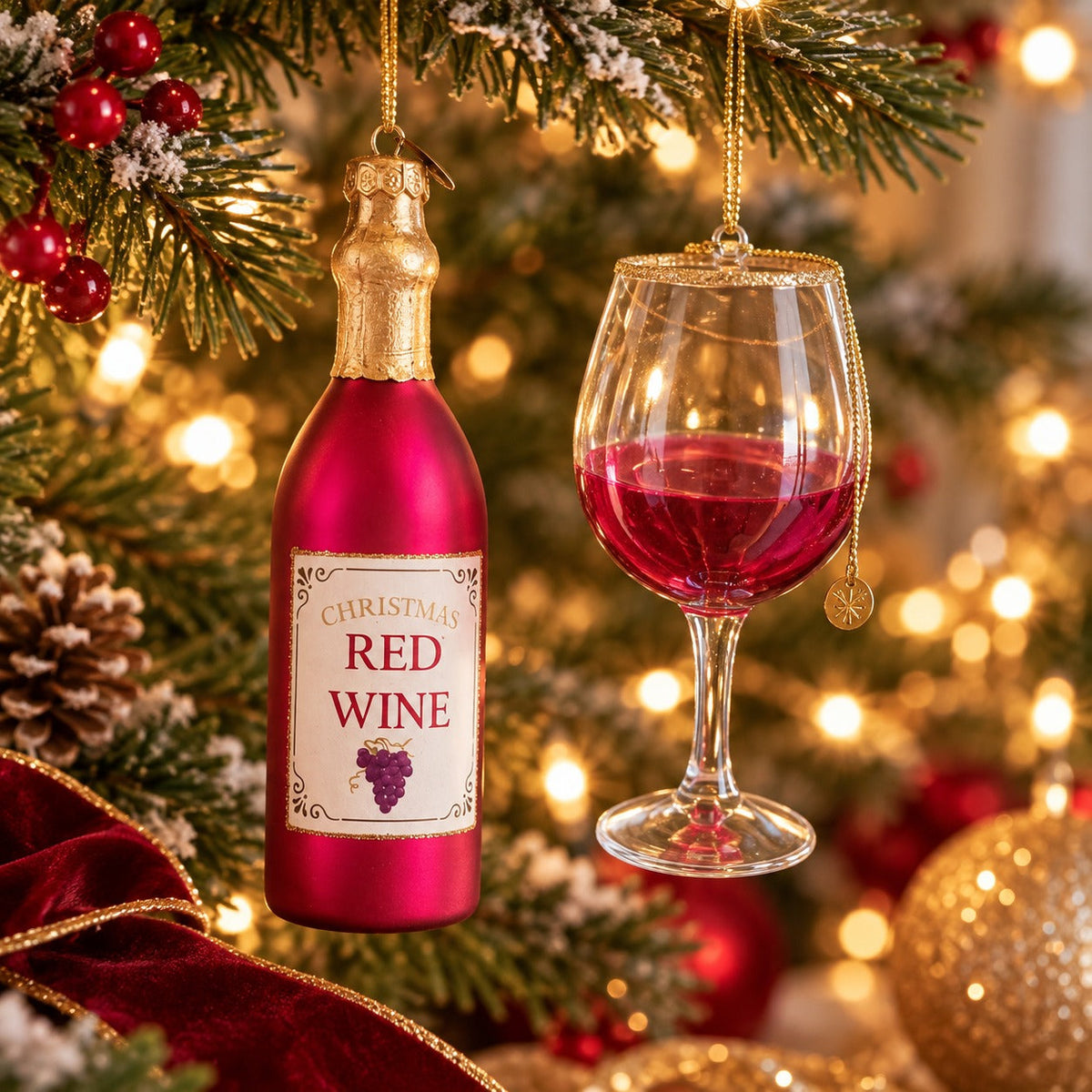 Alpine Lodge Christmas Wine Ornament Set – Pink Rosé / Red Wine