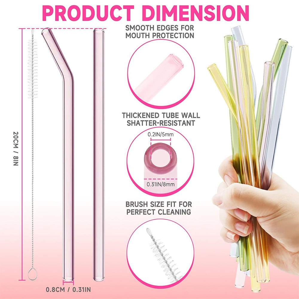 Reusable Colorful Glass Straws – Shatter Resistant (6 Pcs with Cleaning Brush)