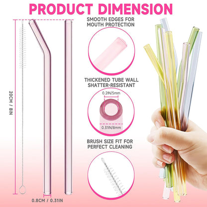 Reusable Colorful Glass Straws – Shatter Resistant (6 Pcs with Cleaning Brush)