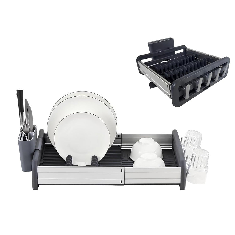 Extendable Stainless Steel Dish Rack with Cup & Cutlery Holders
