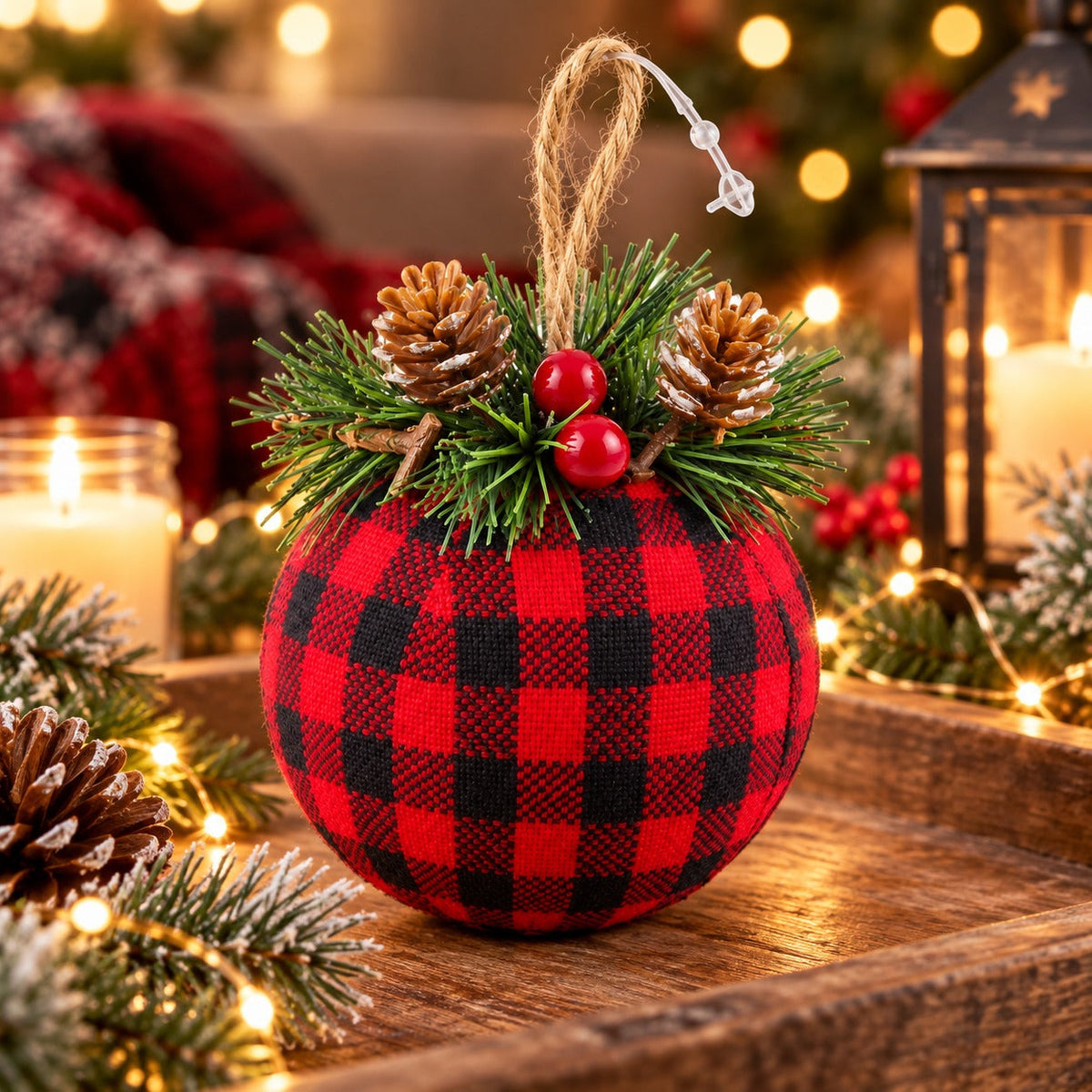 Red & Black Buffalo Plaid Christmas Bauble with Pinecones & Greenery
