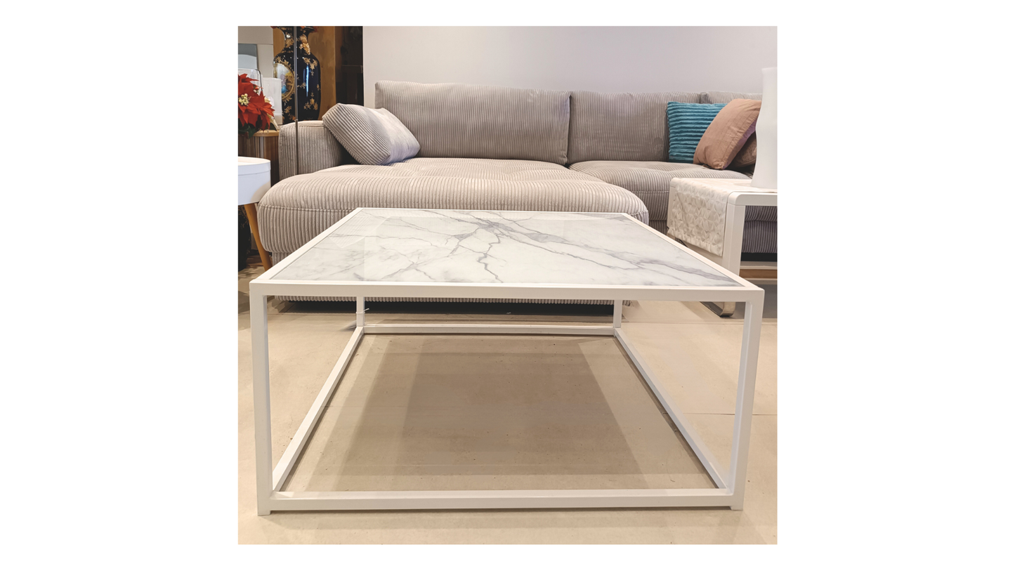 Nevia 2 -White Glass Marble Look Square Table By Reality