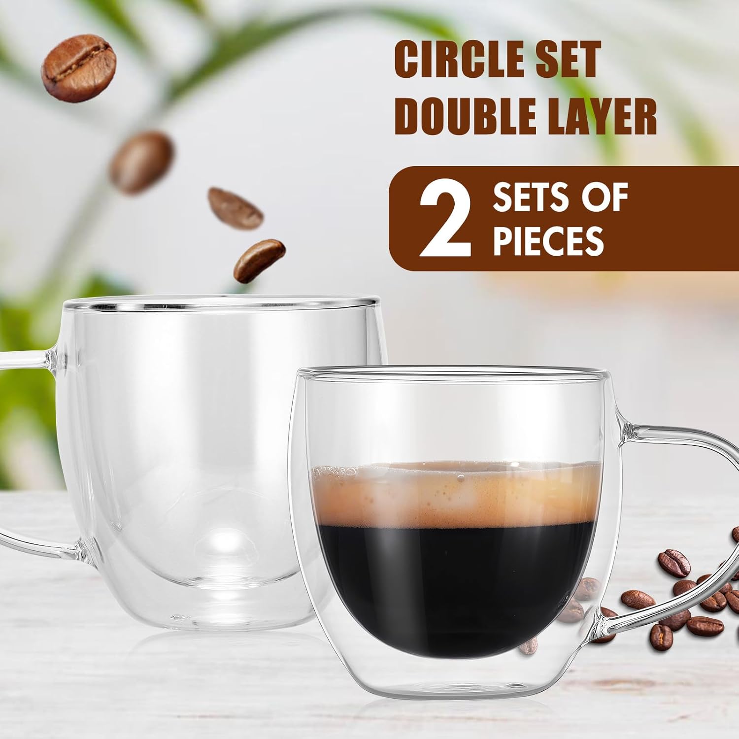 2-Pieces Luxury Double Walled Espresso Coffee Cups with Handle – 80ml