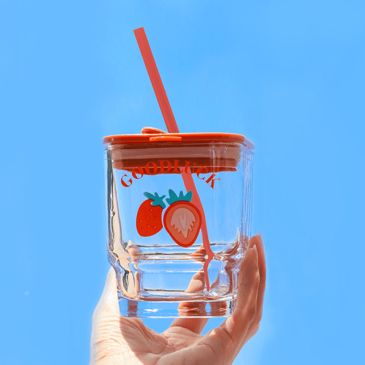 450ml Square Glass Cup Portable Glass With Lid (strawberry)