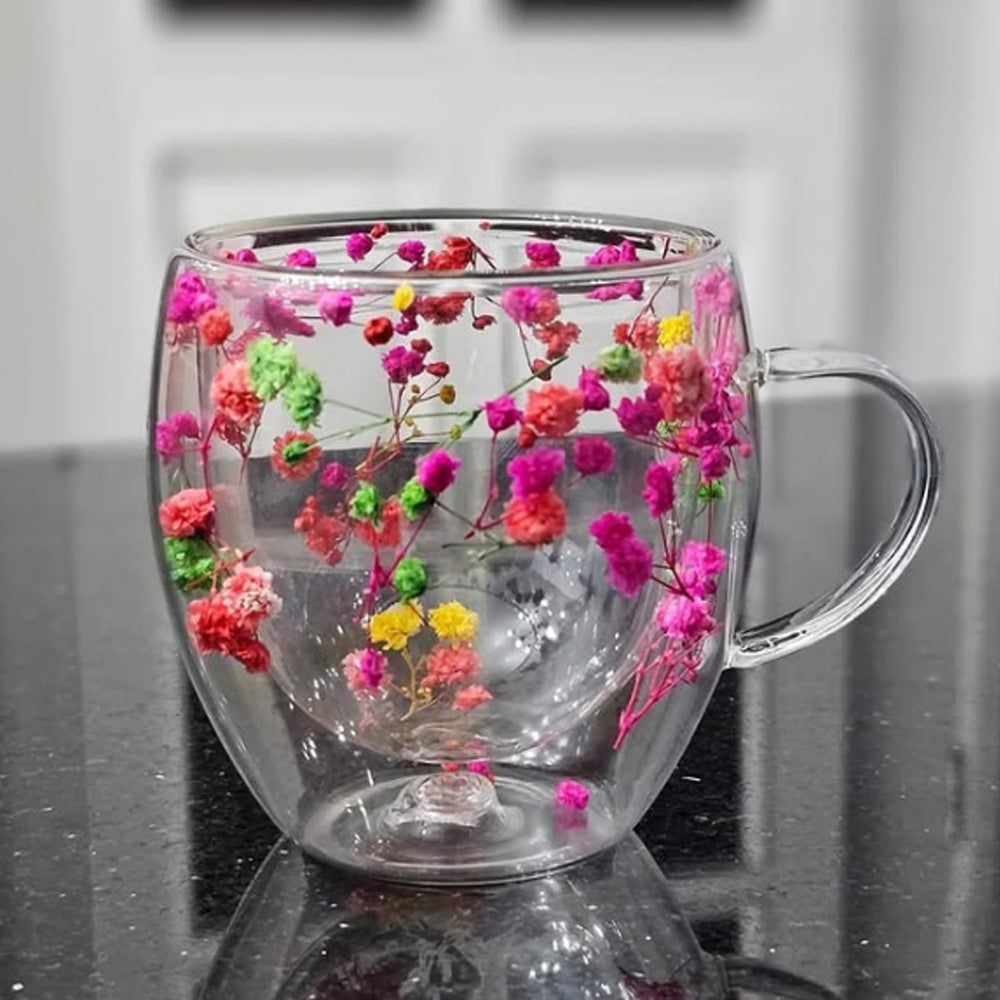 Dried Flowers Double Wall Clear Glass Coffee Mugs – 250ml