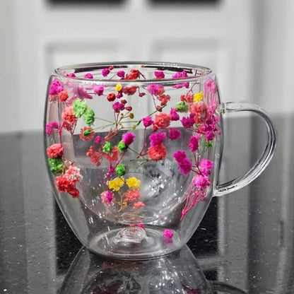 Dried Flowers Double Wall Clear Glass Coffee Mugs – 250ml