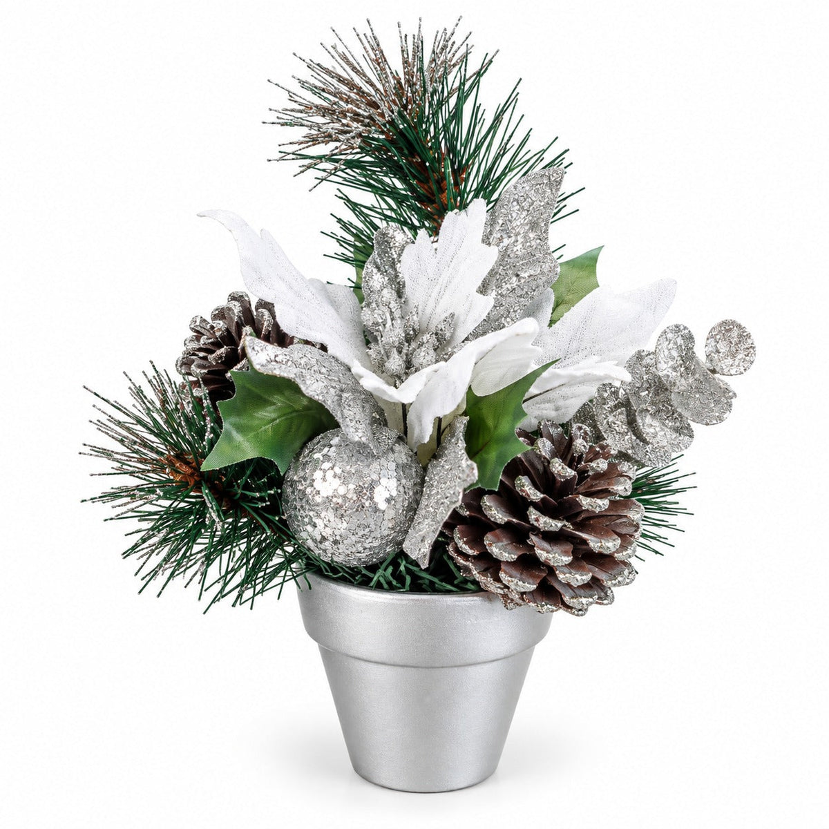 Migros Winter Christmas Poinsettia & Pinecone Arrangement – Gold or Silver, 23 cm