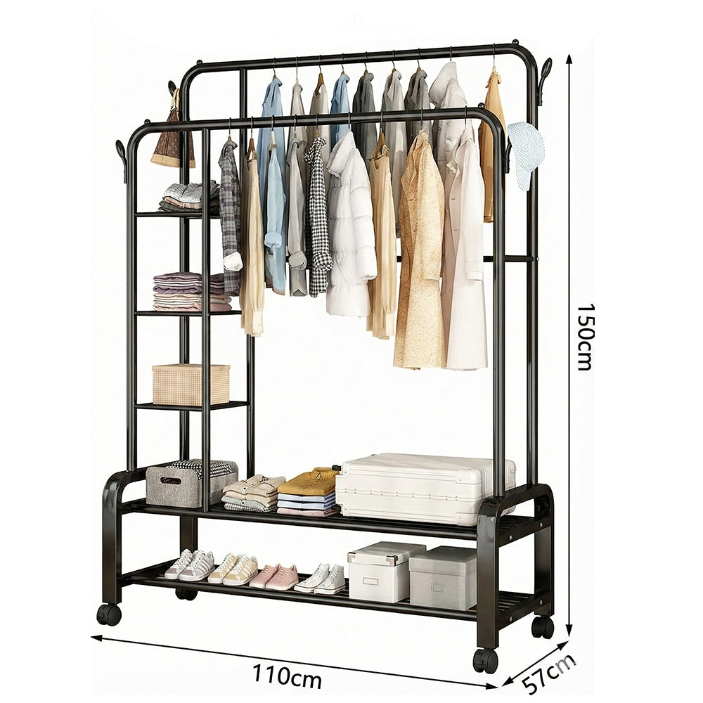 2-in-1 Modern Wheeled Garment Rack with 3-Tier Storage Shelf Hold 68KG (H110 x D57 x W150)cm