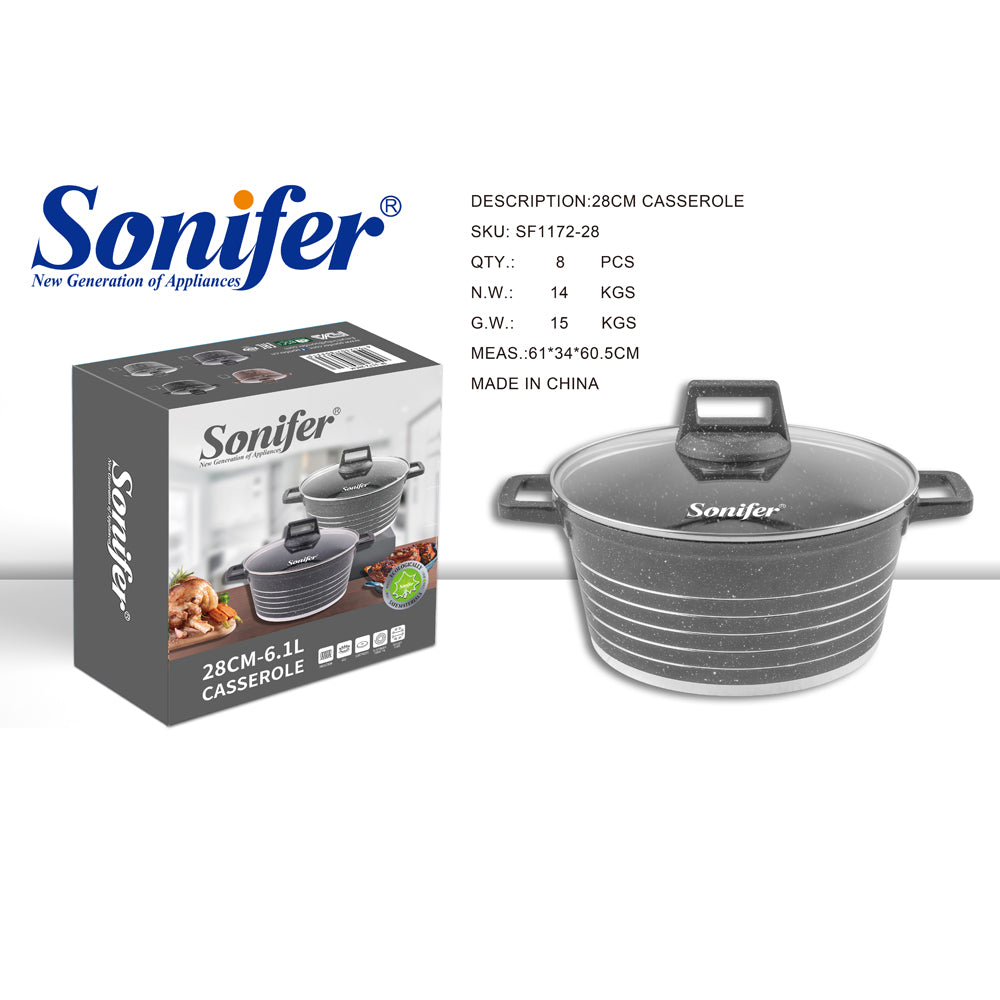 Sonifer 20/22/24/26/28/30/32/36cm Wear-Resistant Non-Stick Granite Casserole with Glass Lid SF-1172-Grey