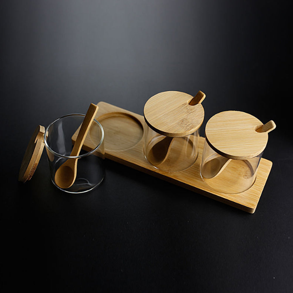 3-Pieces Set Storage Jar With Wood Lid & Tray