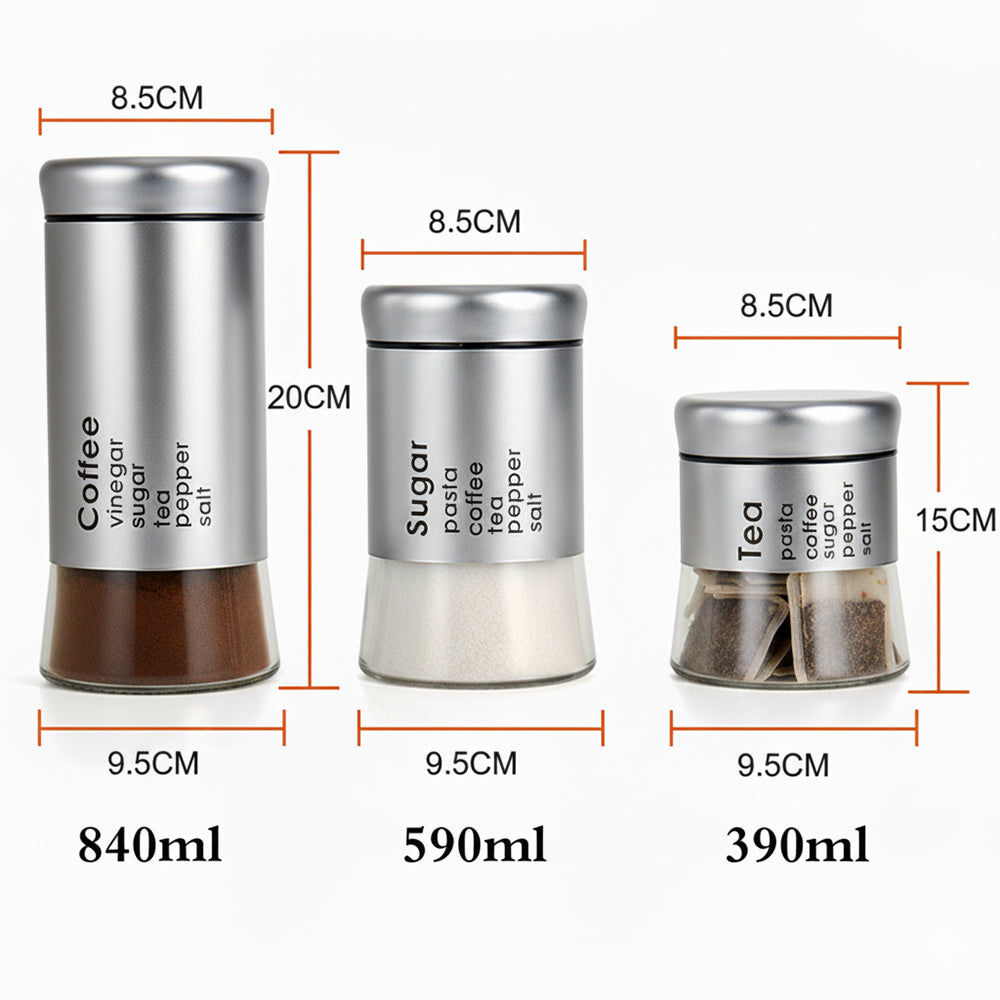 3-Pcs Stainless Steel With Glass Sugar Tea Coffee Canister Set Silver-390/590/840ml