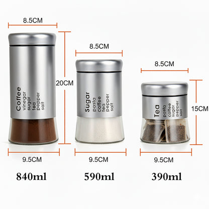 3-Pcs Stainless Steel With Glass Sugar Tea Coffee Canister Set Silver-390/590/840ml
