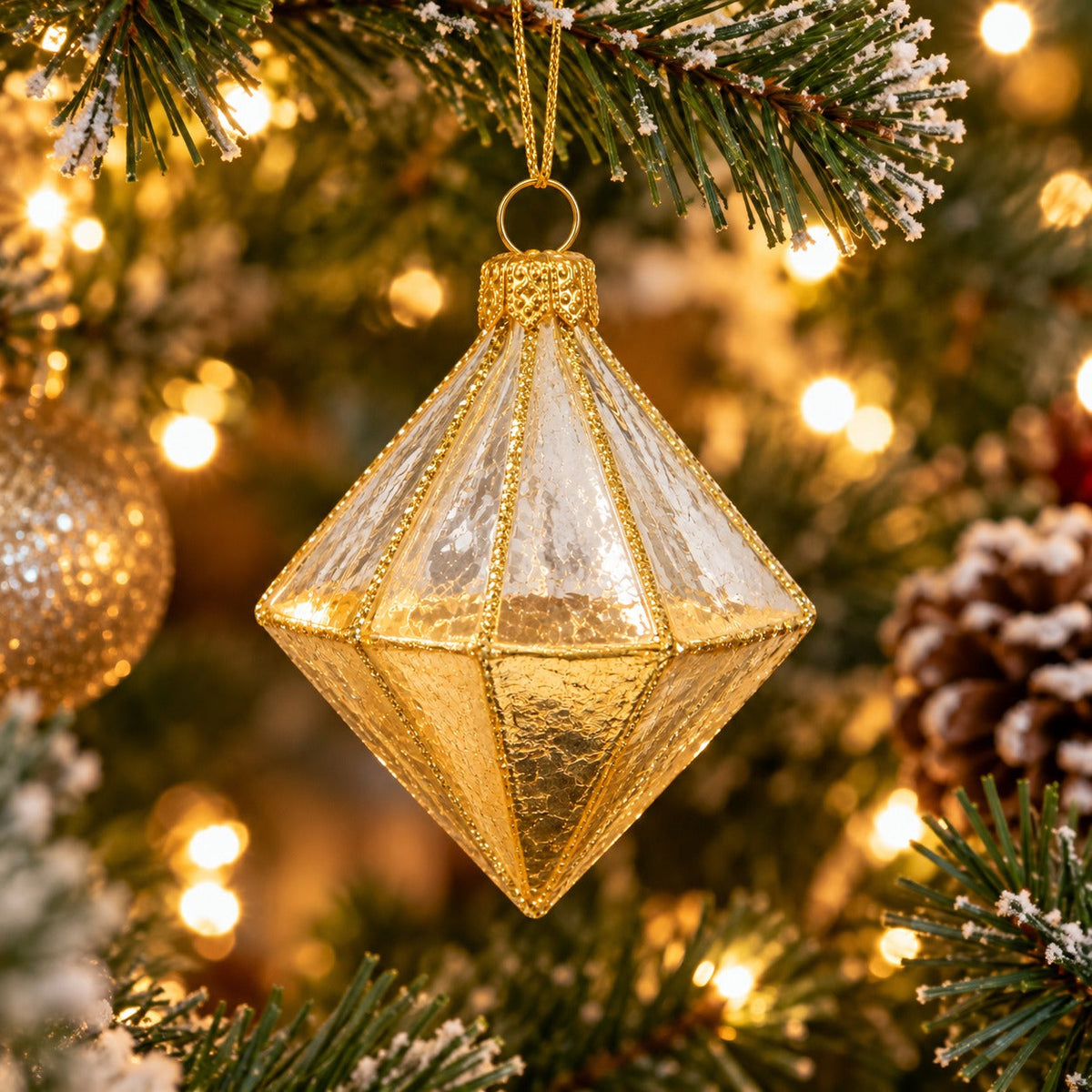 Geometric Glass Diamond Christmas Hanging Ornament – Gold & Silver