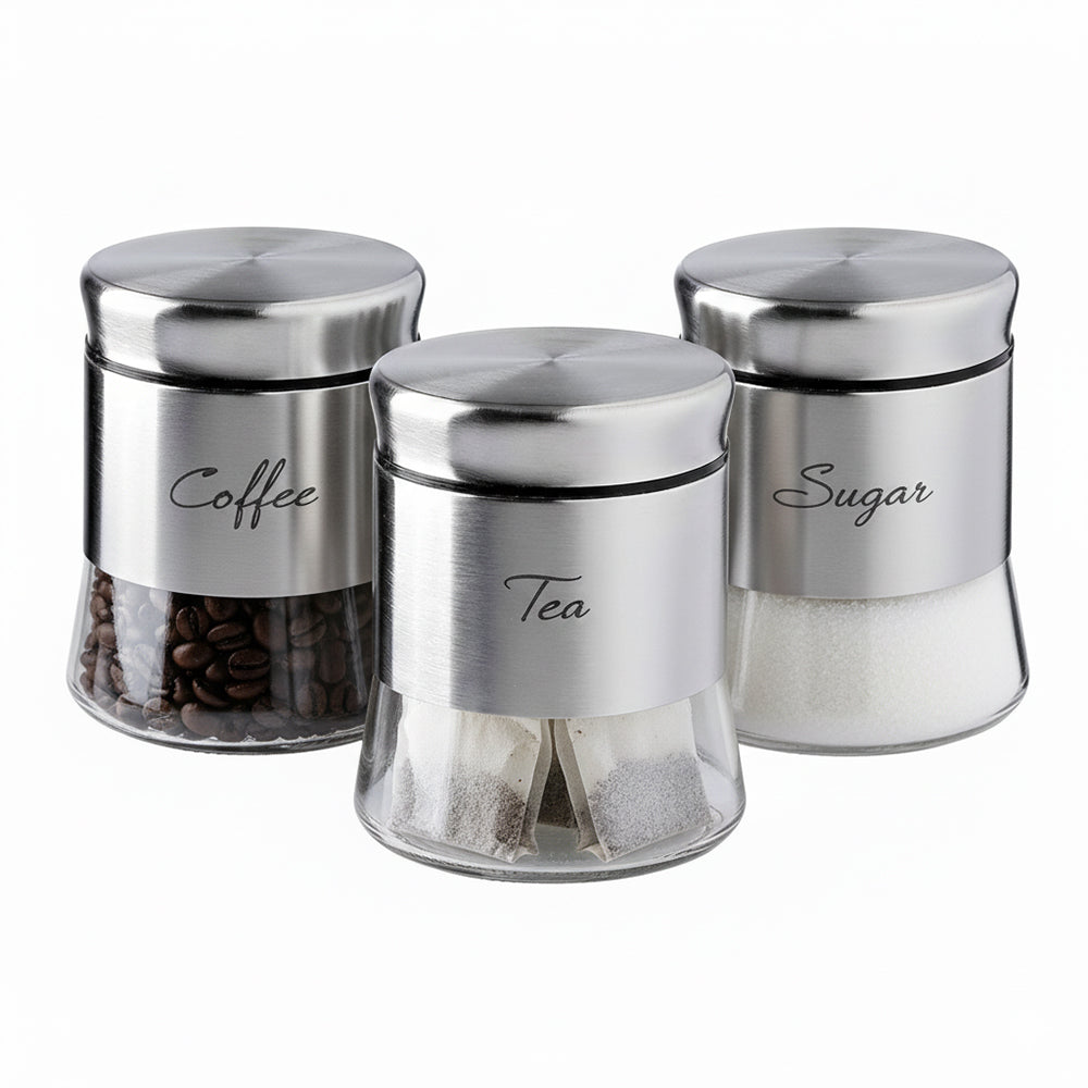 3-Pcs Stainless Steel With Glass Sugar Tea Coffee Canister Set Matte Sileve-400ml