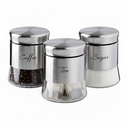 3-Pcs Stainless Steel With Glass Sugar Tea Coffee Canister Set Matte Sileve-400ml