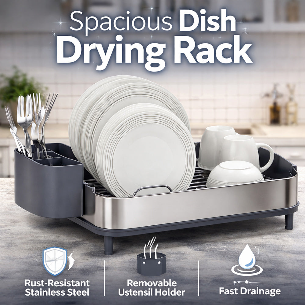 Stainless Steel Dish Rack with Drip Tray and Cutlery Holder