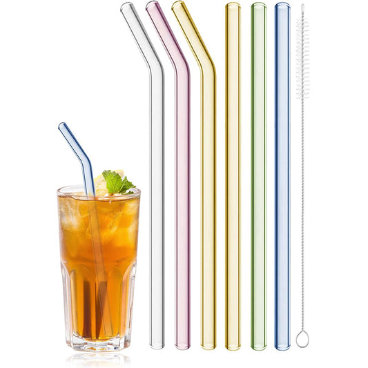 Reusable Colorful Glass Straws – Shatter Resistant (6 Pcs with Cleaning Brush)