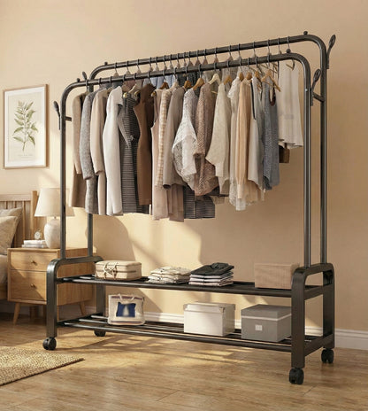 2-in-1 Modern Wheeled Garment Rack with Ample Hanging Space, Shoe Storage Sturdy Hold 60KG (H110 x D57 x W150)cm