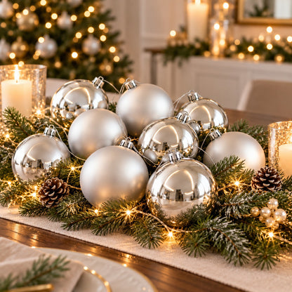 Noël Christmas Bauble Ornament Set – 12 Pieces – Silver / Champagne Gold