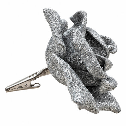 House of Seasons Silver Glitter Rose Christmas Clip Decoration - Set of 2 Pieces