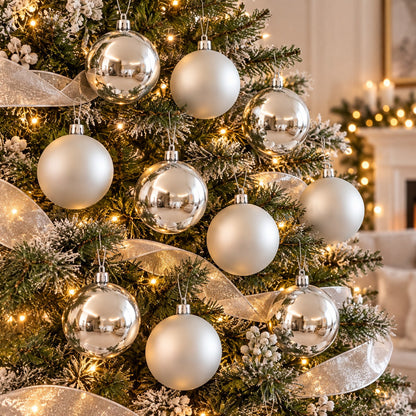 Noël Christmas Bauble Ornament Set – 12 Pieces – Silver / Champagne Gold