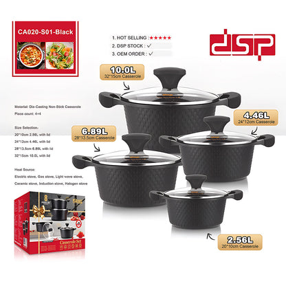 DSP CA020-S01-Black, 8-Piece Die-Cast Non-Stick Casserole Cookware Set