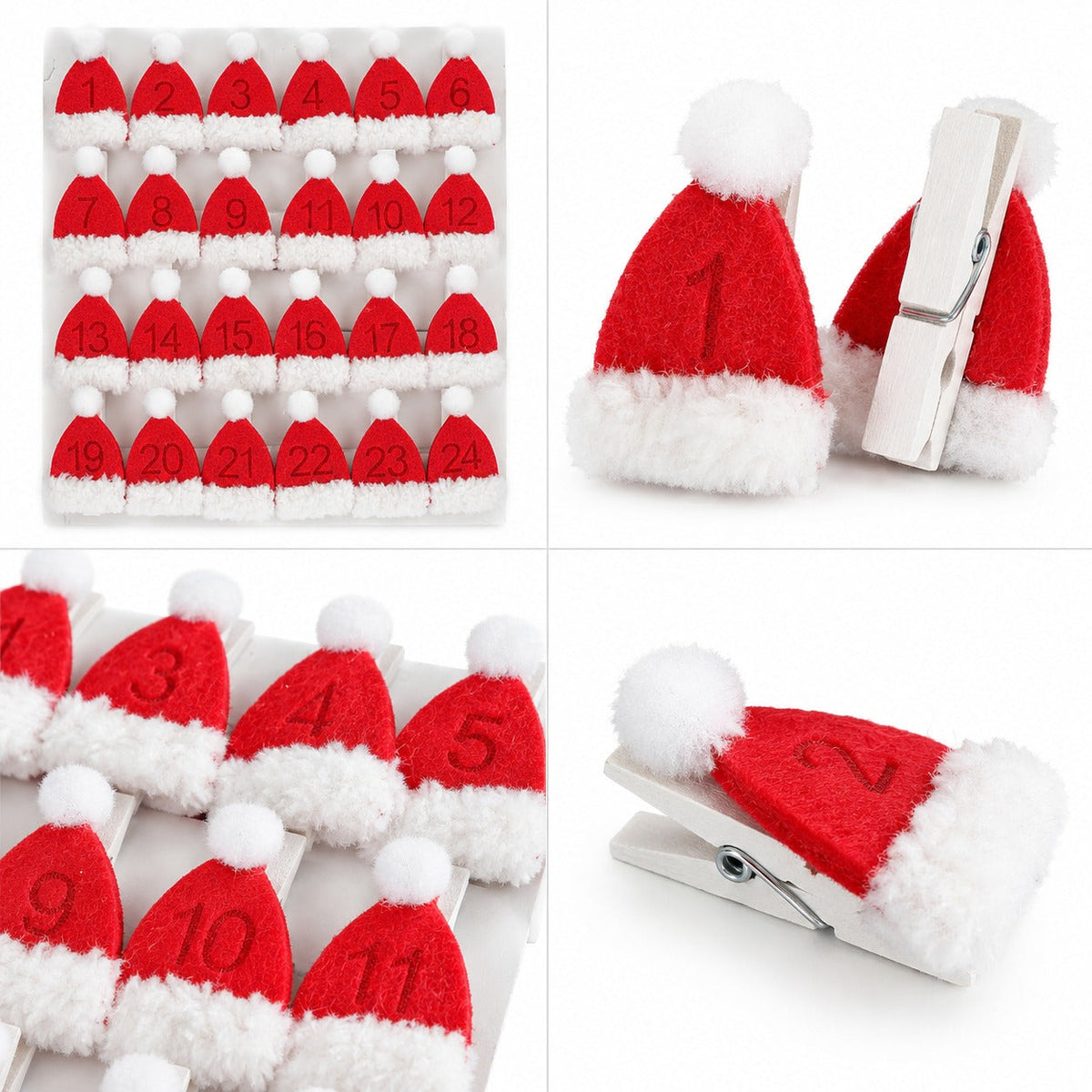 Noël Santa Hat Advent Clips – Set of 24