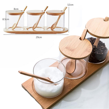3-Pieces Set Storage Jar With Wood Lid & Tray