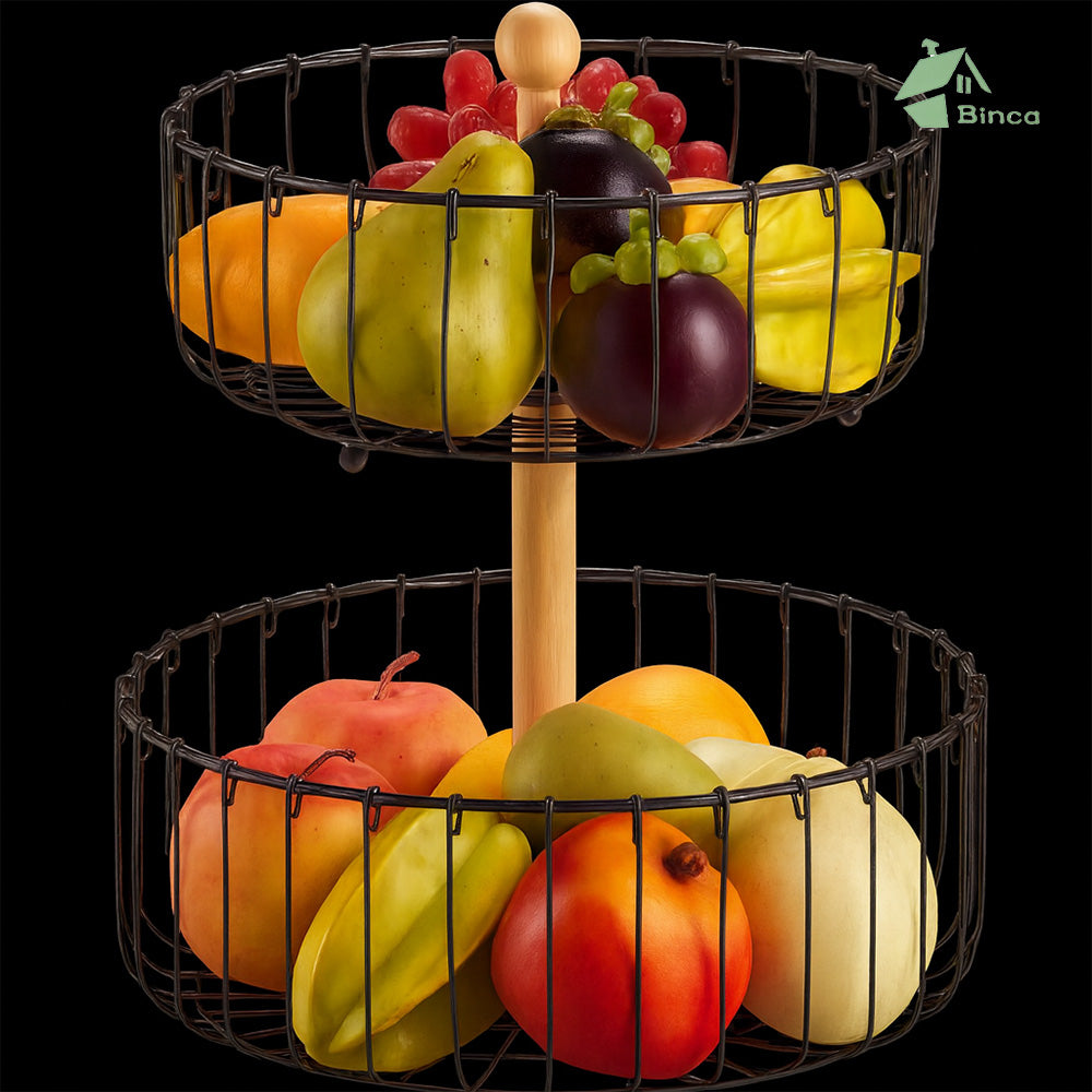 Binca 2-Tier Fruit & Vegetable Table Basket with Wooden Handle