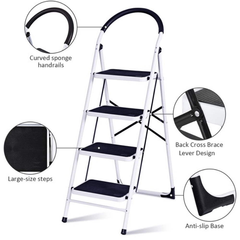 Metal Folding Ladder Handgrip Anti-Slip and Wide Pedal-White