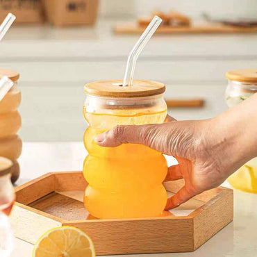 Matcha Wave Shaped Glass Tumblers Drinking with Lid and Straw – 350ml