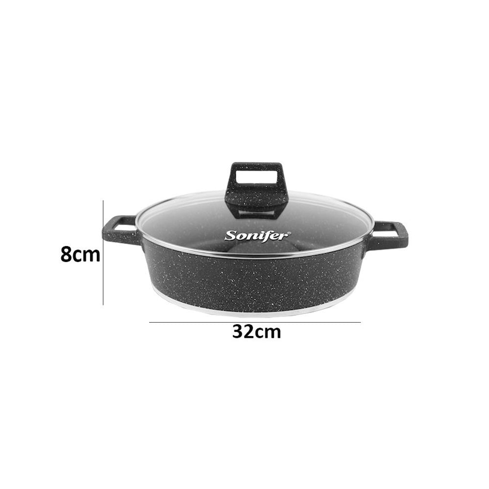 32cm 5.6L Wear-Resistant Non-Stick Granite Shallow Pot With Glass Lid
