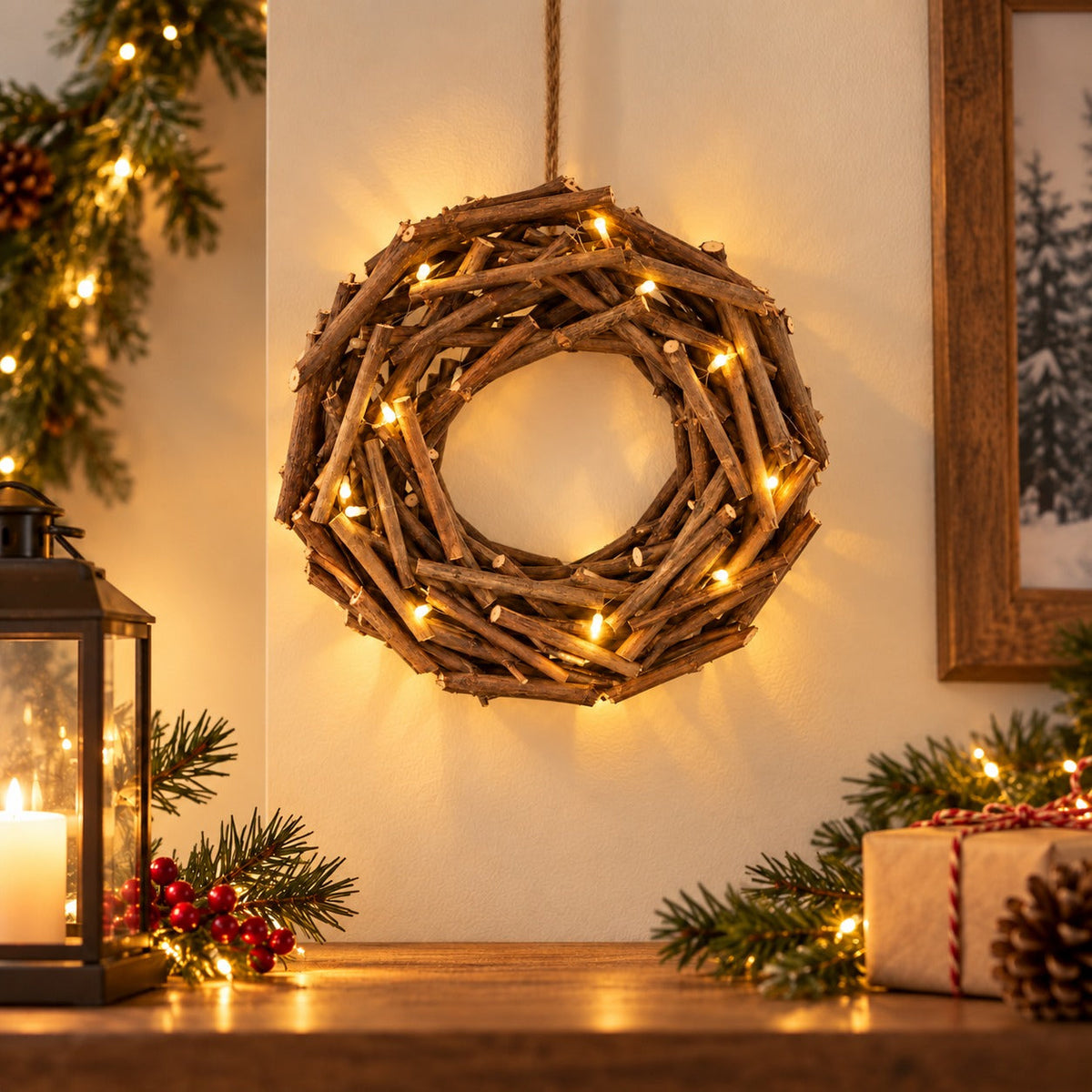 LED Rustic Twig Christmas Wreath – 30 cm, 10 Warm White LEDs
