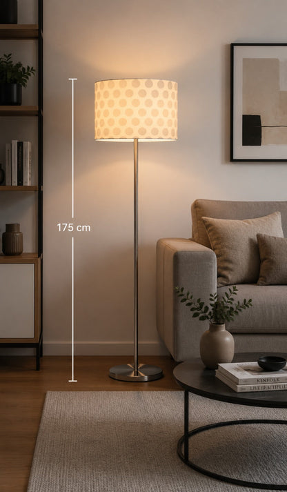 Micasa OTELLO Modern Floor Lamp 175 cm – Brushed Nickel Standing Lamp with White Fabric Polka Dot Shade