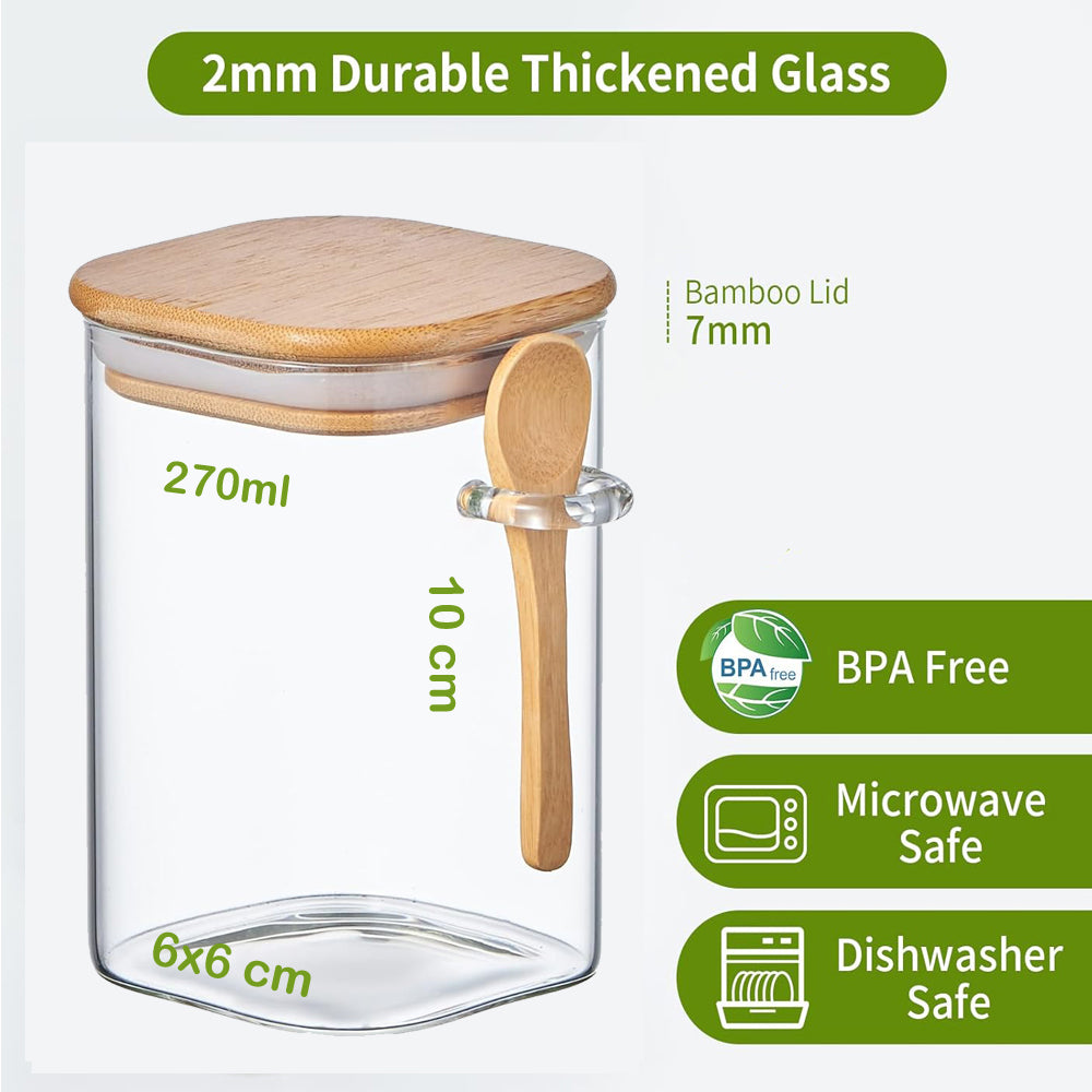 Glass Jar Container with Bamboo Lid + Spoon 270-ml