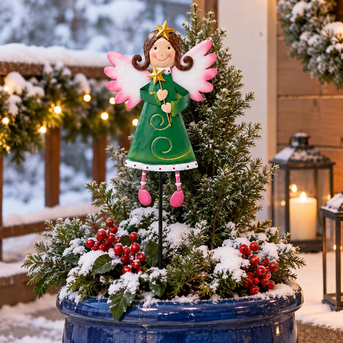 Christmas Metal Angel Garden Stake – Green & Pink